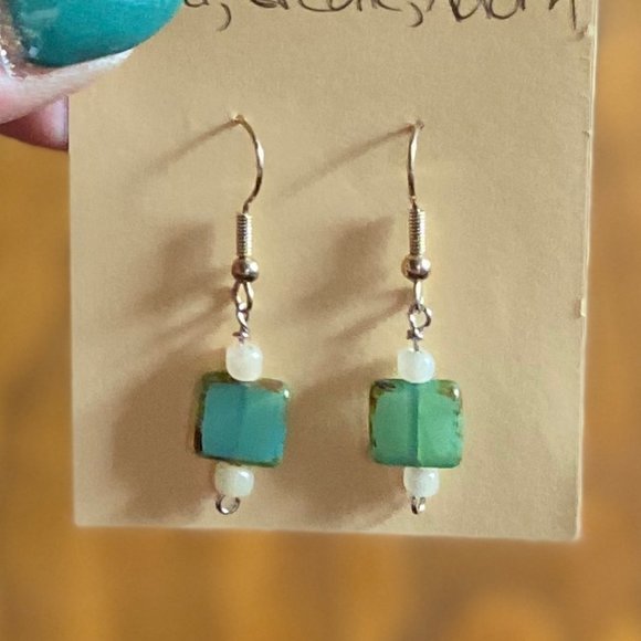 Blue-Green Square Glass & Silver Handmade Earrings - NWT - Picture 2 of 4